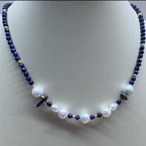 Lapis Lazuli & Genuine Freshwater Pearl Beaded Necklace